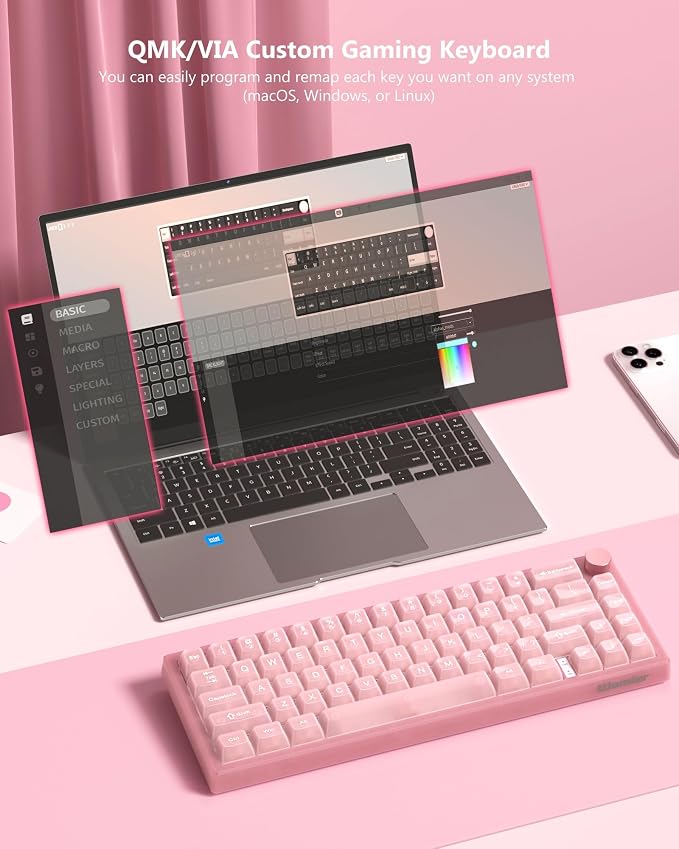 Womier 60% Keyboard QMK/VIA, Pink Gaming Mechanical Keyboard Creamy | Hot Swappable Gasket Mount RGB Wired Jade Keyboard, Jelly Keycaps POM Linear Switch for Windows/MAC(VK66 PRO Jelly) - Image 2