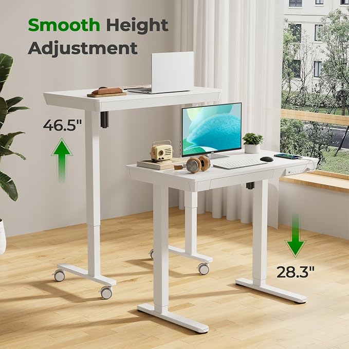 35" Electric Standing Desk with Drawer, 4 Lockable Wheels | Height Adjustable Quick Install One-Piece Tabletop with USB Charging Port, Small Sit to Stand up Desk for Home Office, White - Image 4