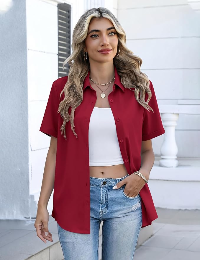 Zeagoo Button Down Shirts for Women Short Sleeve Collared Tops Dressy Casual V Neck Blouses - Image 3