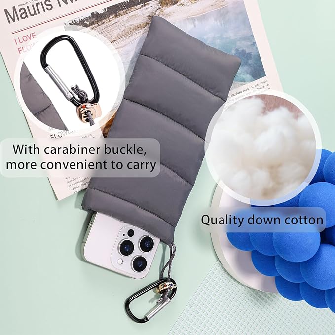 Lyreh Thermal Phone Pouch, Down Cotton Warm Phone Case Cover Bags Prevents Freezing & Overheating Protector Cellphone Pouch with Carabiner Ideal for Outdoor Camping Hiking Skiing (Grey) - Image 4