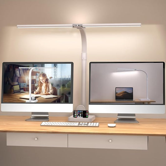 Double Head LED Desk Lamp, Architect Desk Lamps for Home Office, 24W Brightest Workbench Office Lighting-5 Color Modes and 5 Dimmable Eye Protection Modern Desk Lamp (White-Desktop, Big) by Ksunun