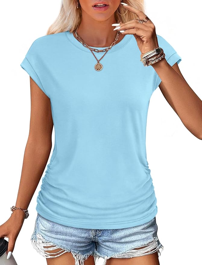 Sampeel Womens Summer Tops Trendy 2026 Ruched Cap Short Sleeve Tshirts Shirts Crew Neck T Shirts Fashion - Image 2