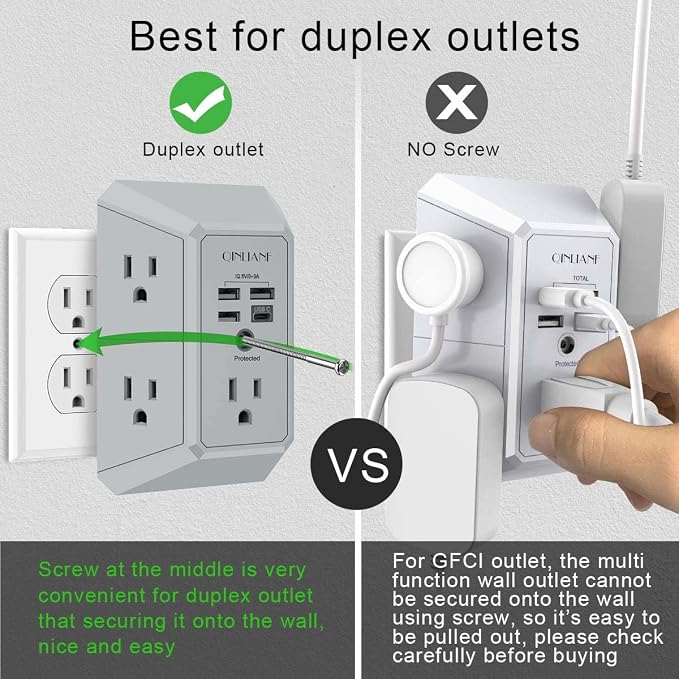 USB Wall Charger, Surge Protector, QINLIANF 5 Outlet Extender with 4 USB Charging Ports(3U1C) 3-Sided 1680J Power Strip Multi Plug Outlets Wall Adapter Spaced for Home Travel Office, Grey - Image 5