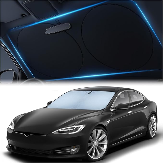 Magnelex Tesla Windshield Sun Shade for Model S 2012-2026 - Reflective Polyester Blocks Heat & Sun, Foldable Car Window Sun Blocker, Mirror Cut-Out, Fade-Resistant Sunshade, Tesla S Accessories by Magnelex