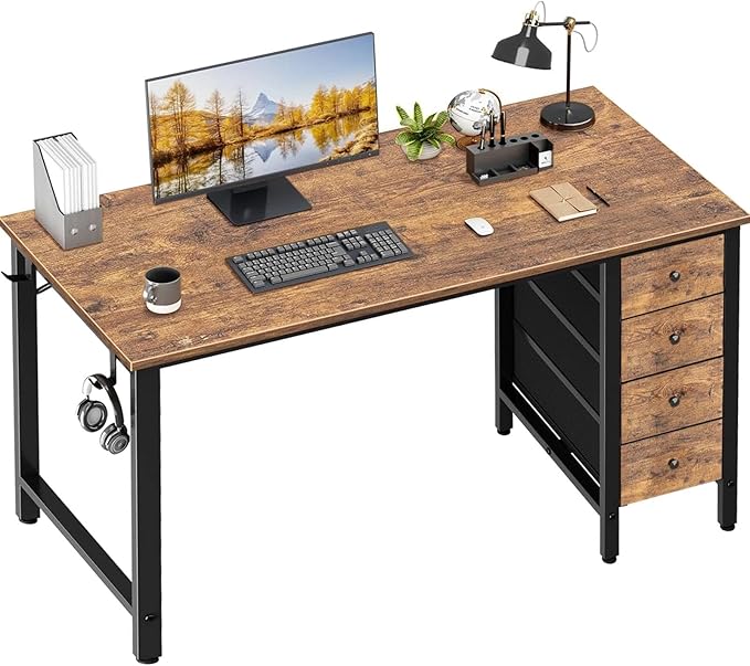 Lufeiya Computer Desk with Drawers - 55 Inch Long Study Work Writing Desk for Home Office Bedroom, Reversible Simple Modern Cute PC Desks with Fabric Drawer, Rustic Brown by LUFEIYA