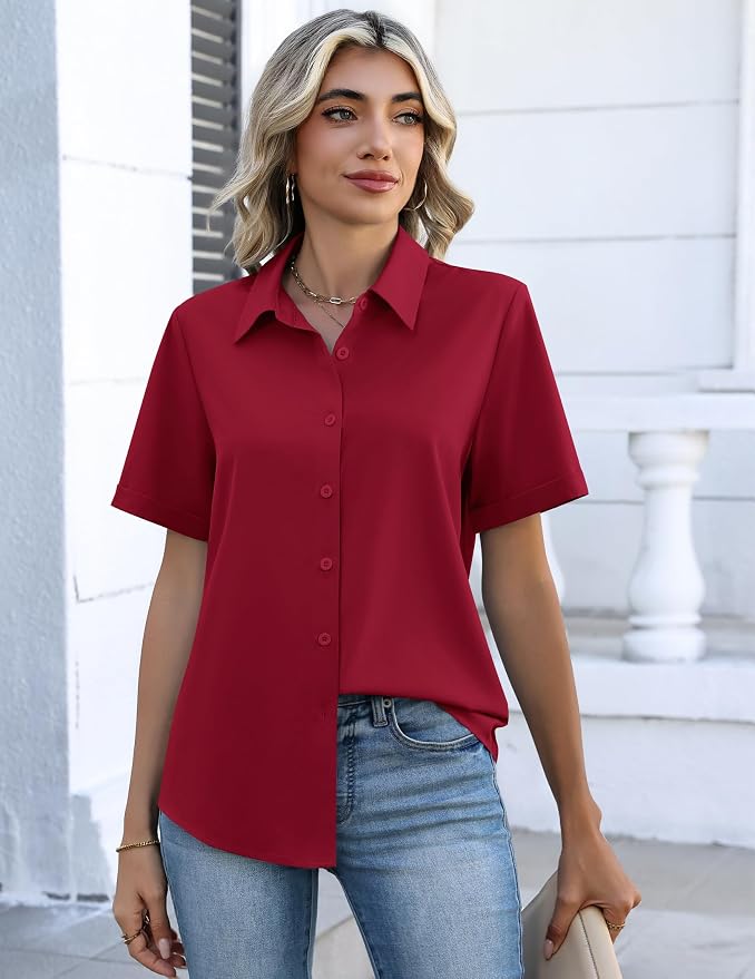 Zeagoo Button Down Shirts for Women Short Sleeve Collared Tops Dressy Casual V Neck Blouses - Image 4