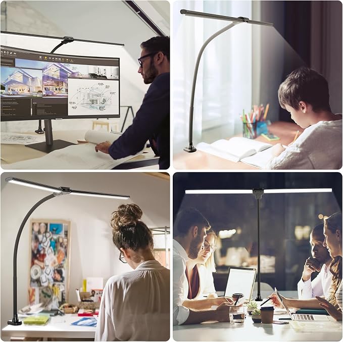 ShineTech LED Desk Lamp for Home Office, 4000K Neutral White Double Head Architect Task Lamps with Clamp, Dimmable Adjustable Flexible,Black - Image 4