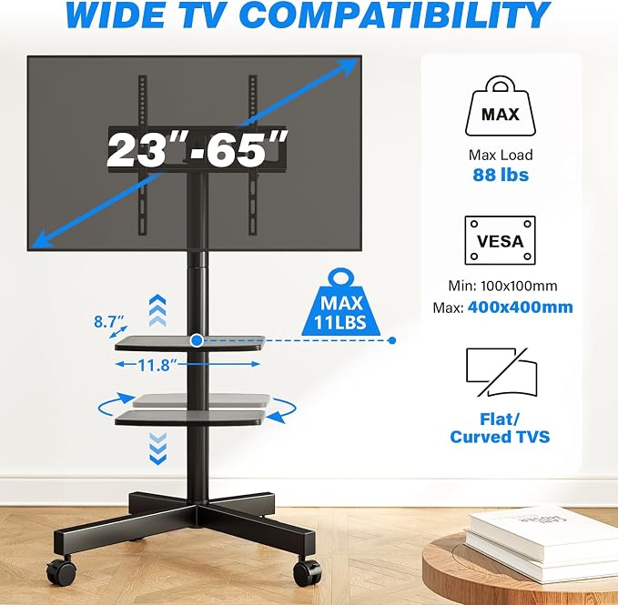 Rfiver Mobile TV Stand for 23-65 Inch LCD LED Flat/Curved Panel Screen TVs up to 88 lbs, Rolling TV Stand with Adjustable Shelf & Tilt, Portable Floor Stand on Wheels for Bedroom, Living Room, Office - Image 2