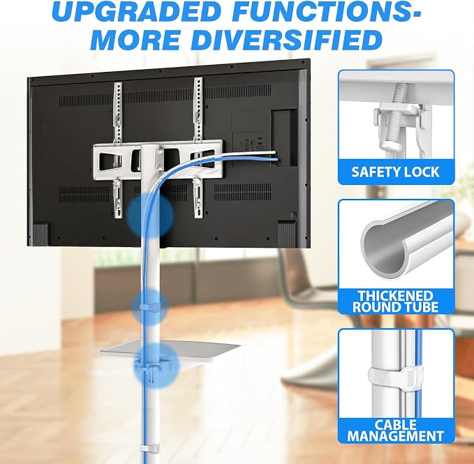 Rfiver Mobile TV Stand for 23-65 Inch LCD LED Flat/Curved Panel Screen TVs up to 88 lbs, Rolling TV Stand with Adjustable Shelf & Tilt, Portable Floor Stand on Wheels for Bedroom, Living Room, White - Image 6