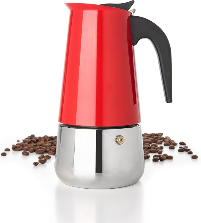 Mixpresso 6 Cup Greca Moka Pot Red Stainless Steel Stovetop Espresso Maker | 300ml/10oz Italian stovetop coffee maker with classic percolator design, ideal for preparing coffee at home or while camping by Mixpresso