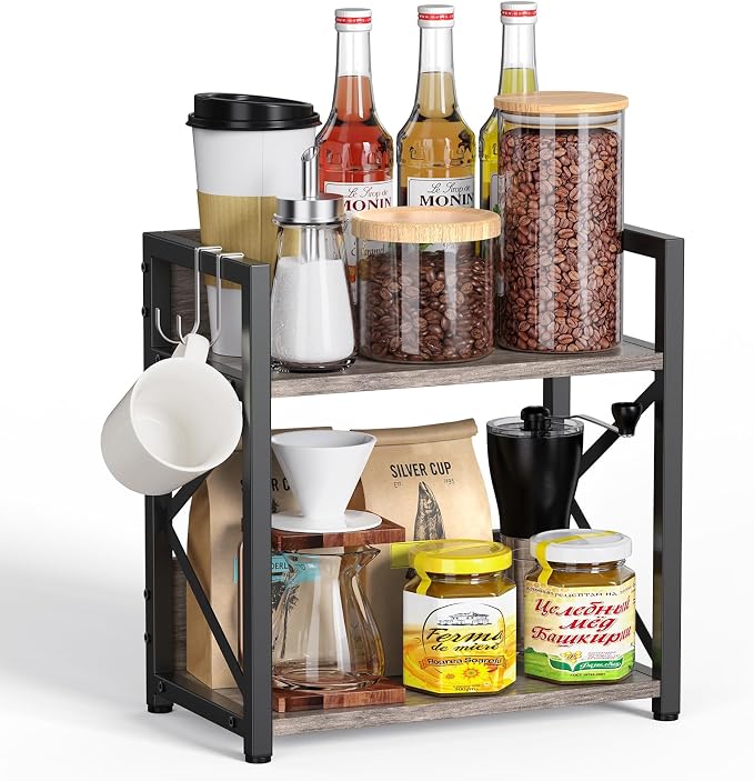 Kitchen Countertop Organizer, Coffee Bar Station Organizer for Countertop, 2 Tiers Kitchen Counter Shelf, Wooden Spice Rack Organizer, Space Saving Desk Shelving Riser Unit by RUILALIFE