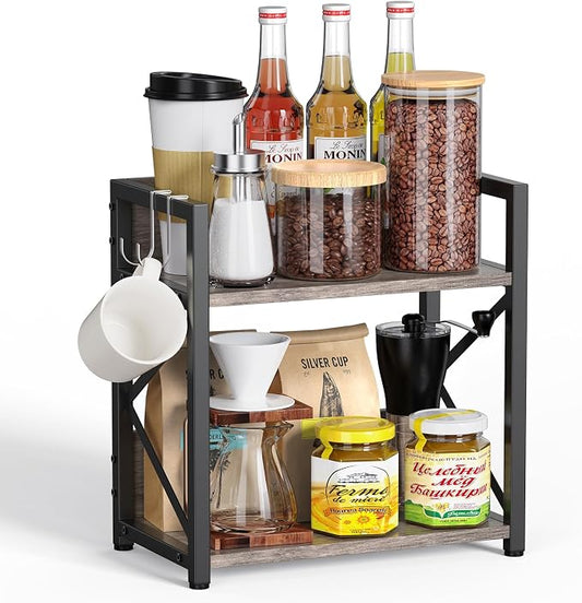 Kitchen Countertop Organizer, Coffee Bar Station Organizer for Countertop, 2 Tiers Kitchen Counter Shelf, Wooden Spice Rack Organizer, Space Saving Desk Shelving Riser Unit by RUILALIFE