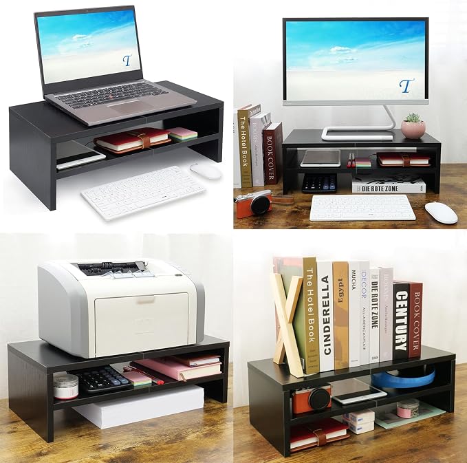 TEAMIX 2 Tiers Wooden Desktop Monitor Stand Riser 20 Inch Printer Stand with Double Storage Small TV Riser Laptop Keyboard Holder Business Desk Organizer Shelf Black Bookshelf | Laptop/PC/Printer Stand, Wood Desk Bookshelf, Ergonomic Design, Holds 80 L... - Image 3
