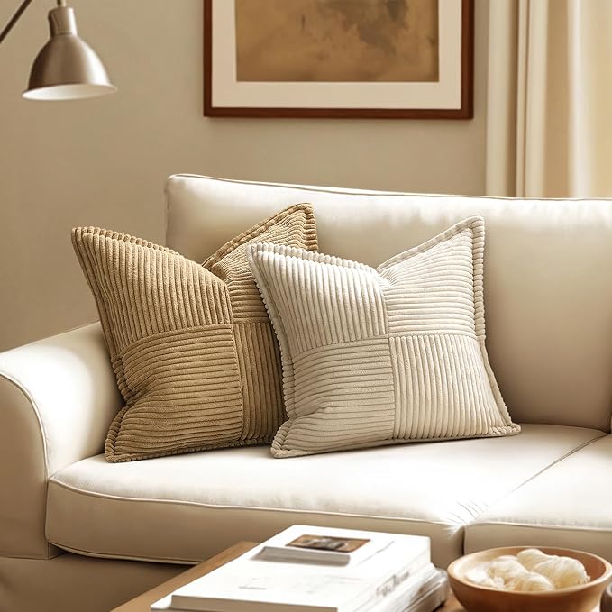 MIULEE Decorative Lumbar Throw Pillow Covers for Couch Bed Livingroom 14x22 Inch Set of 2 Beige Boho Accent Throw Pllows Broadside Striped Patchwork Soft Corduroy Pillowcases - Image 2