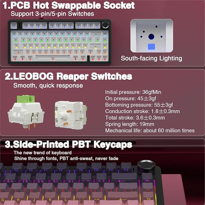 AULA F75 Pro Wireless Mechanical Keyboard,75% Hot Swappable Custom Keyboard,RGB Backlit,Pre-lubed Reaper Switches,Side Printed PBT Keycaps Mechanical Gaming Keyboards, Pink&Black - Image 6