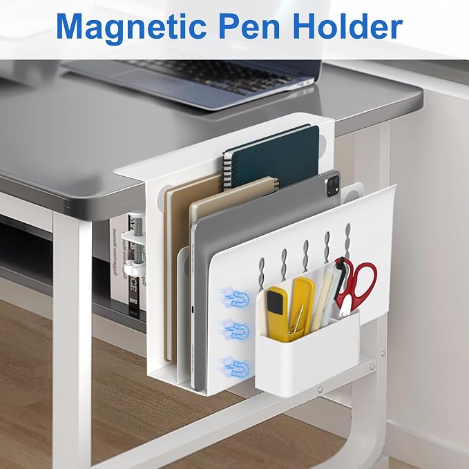 HAMOPY Desk Side Storage, 2 Tier Steel Hanging Desk Organizer with Magnetic Pen Holder, No Drilling Standing Desk Drawer Cable Management Tray, Under Table Laptop Holder for Office, School&Home(White) - Image 7