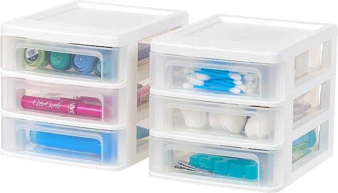 IRIS USA 2-Pack, 3-Drawer Small Plastic Stacking Desktop Organizer, White | Organize office supplies, stationery, makeup, craft materials and everyday essentials for neat desktop storage by IRISUSA
