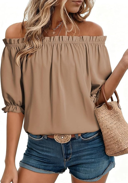EVALESS Womens Tops Off The Shoulder Blouses for Women Dressy Casual Cute Puff Sleeve T Shirts Fashion 2026 by EVALESS