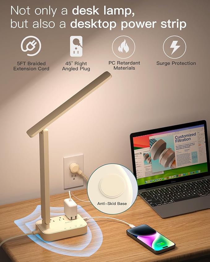 Addtam LED Desk Lamp, Power Strip with 3 Outlets 4 USB Charging Ports(2 USBC), 4 Modes 5 Level Brightness Touch Lamp, Small Desk Lamp for Home Office College Dorm Room Essentials, Cream - Image 5