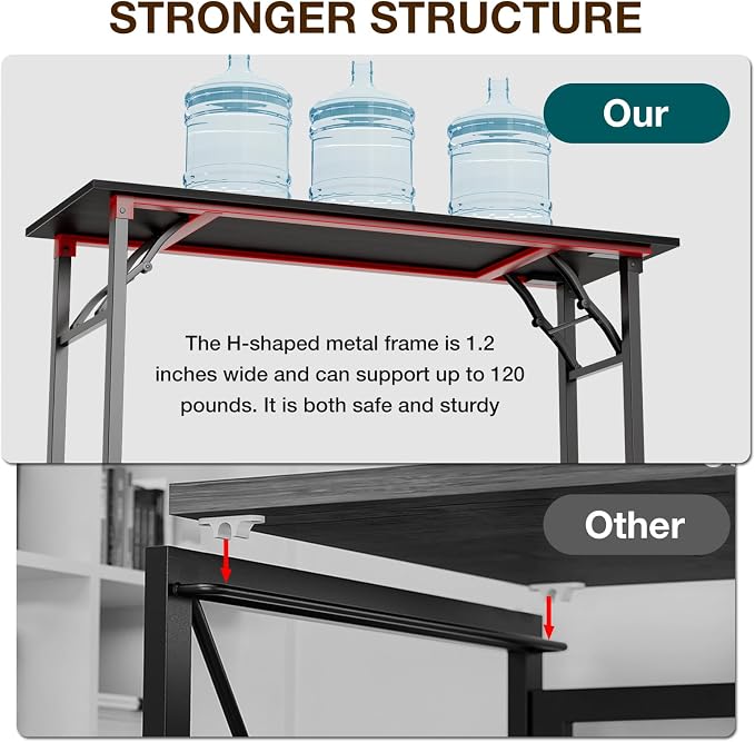 TEMI Long Computer Desk Folding Table - No Assembly, Compact 55.1" Foldable Desk with Power Outlets & USB Charging Port, Portable Lagre Office Desk, Study Table for Narrow Spaces, Dark Oak - Image 8