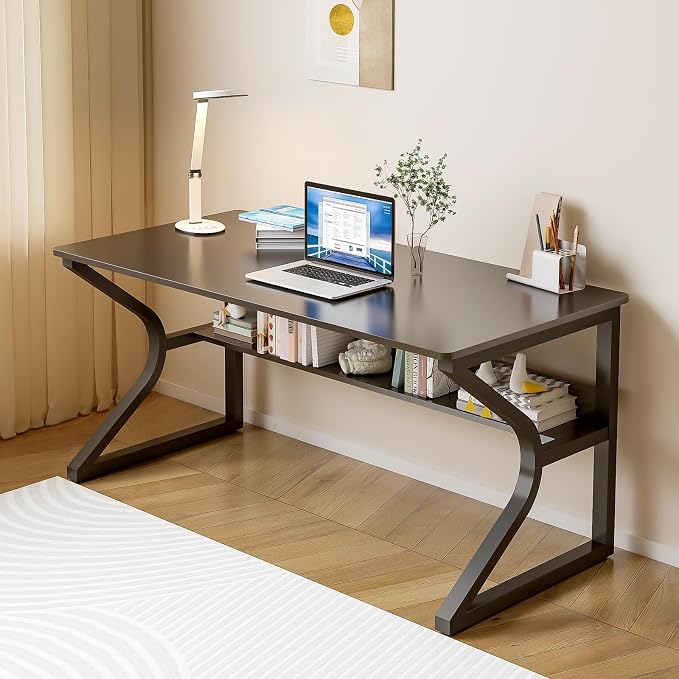 OSCHF 47.3-Inch Writing Desk with Storage Shelf, Black | Space-saving, Single-Person Workstation, Modern Study Gaming Computer Desk, Suitable for Home Office, Bedroom and Dorms by OSCHF