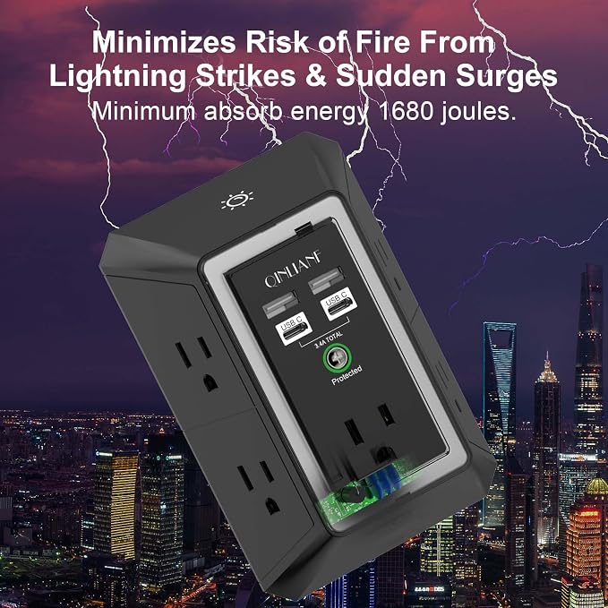 3-Sided Surge Protector Power Strip - QINLIANF Multi Plug Outlet with 5 Outlet Extender and 4 USB Ports(2 USB-C) and Night Light, USB Wall Charger for Home, Office, Travel, ETL Listed, Black - Image 6