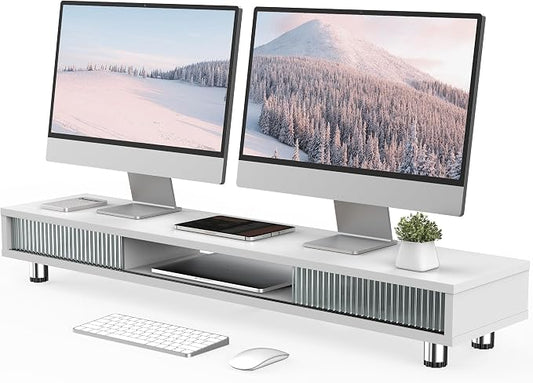 Fenge Dual Monitor Stand, 42.5inch Long Monitor Stands Riser for 2 Monitors, Glass Sliding Door with Storage Organizer Stand for Desk, 2 Tier Desk Shelf for Laptop, Pc, Printer, Computer, TV by Fenge