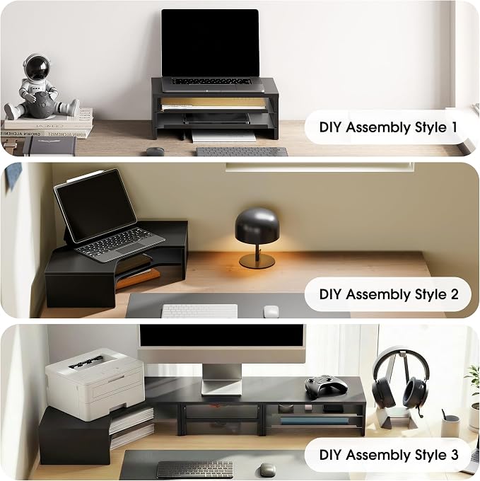 Fenge Dual Monitor Stand, 2-Tier Corner Monitor Riser with Drawer and Slide-out Tray, Triangle Desktop Shelf Organizer for Laptop Computer Printer Home Office Desk, Black - Image 4