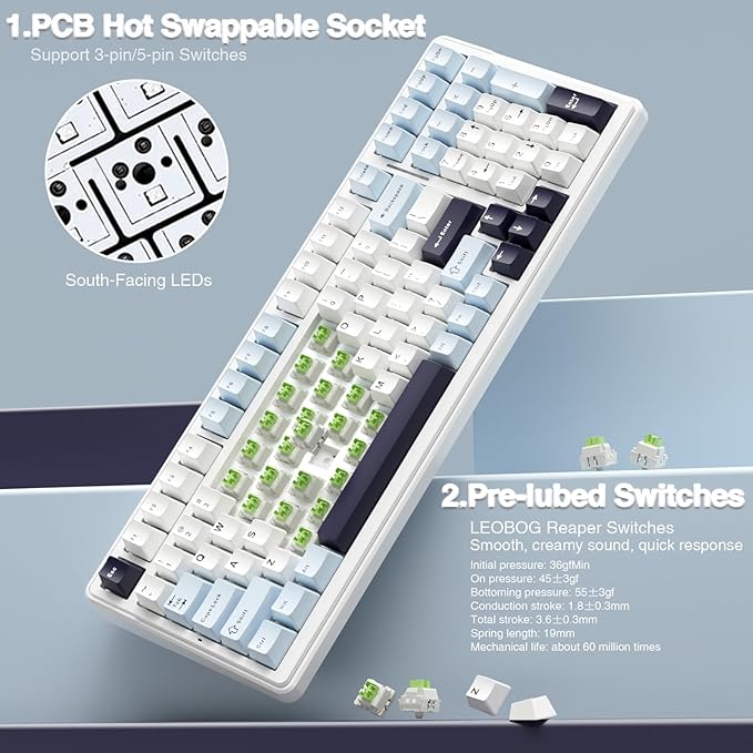AULA F99 Wireless Mechanical Keyboard, Hot Swappable Custom Keyboard,Pre-lubed Linear Switches,Gasket Structure,RGB Backlit Gaming Keyboard (Blue&White) - Image 5