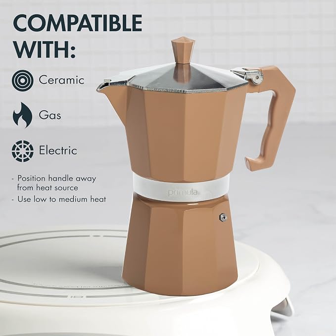 Primula Classic Moka Pot Stovetop Espresso and Coffee Maker, Italian and Cuban Cafetera for Rich Espresso Brewing, Durable Aluminum Greca Coffee Maker with Easy Grip Handle, 6-Cup, Caramel - Image 5