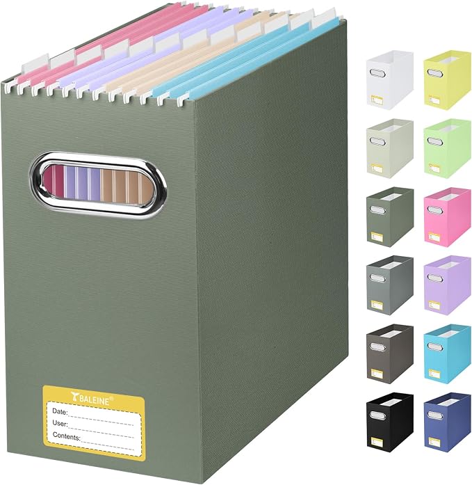 BALEINE File Organizer Box, Cardboard File Folder Organizer with Handle for Letter Size, Portable Collapsible Hanging Filing Box for Home Office Document Storage (1 Pack,Olive) by BALEINE