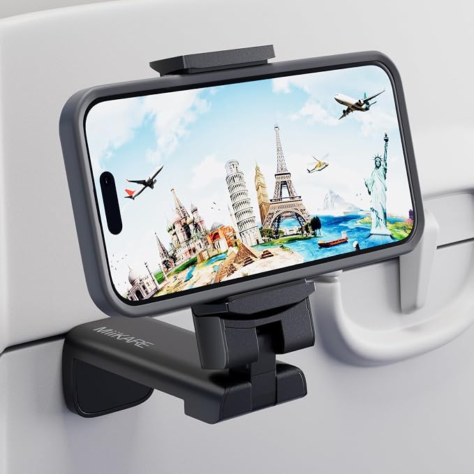 MiiKARE Airplane Travel Essentials Phone Holder, Universal Handsfree Phone Mount for Flying with 360 Degree Rotation, Accessory for Airplane, Travel Must Haves Phone Stand for Desk, Tray Table by MiiKARE
