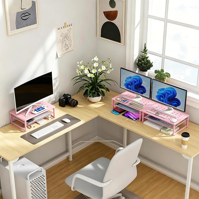 Gianotter 2-Tier Metal Monitor Stand Riser, Workspace Organizer with Desk Accessories, Office Storage for Supplies (Pink) - Image 7
