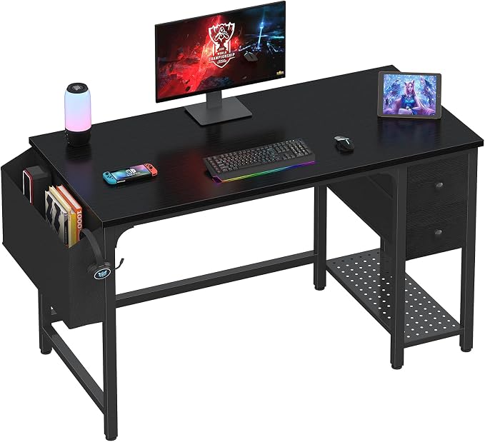 Lufeiya Gaming Desk with Fabric Drawers, 47 Inch Computer Desk for Home Office, Modern Simple Study Writing Table PC Desks for Bedroom, Black by LUFEIYA