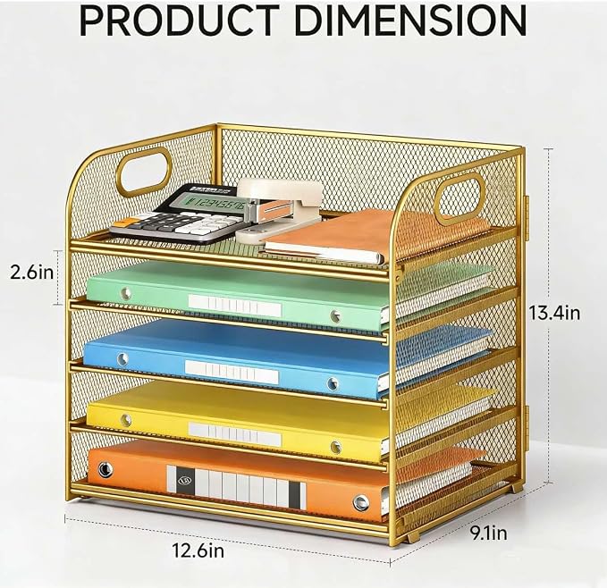 Lavatino Desk Paper Organizer Trays, Gold 5-Tier Mesh File Folder Sorter with Handles, Letter Holder Organizer for Office, Home, School Supplies Storage & Organization - Image 4