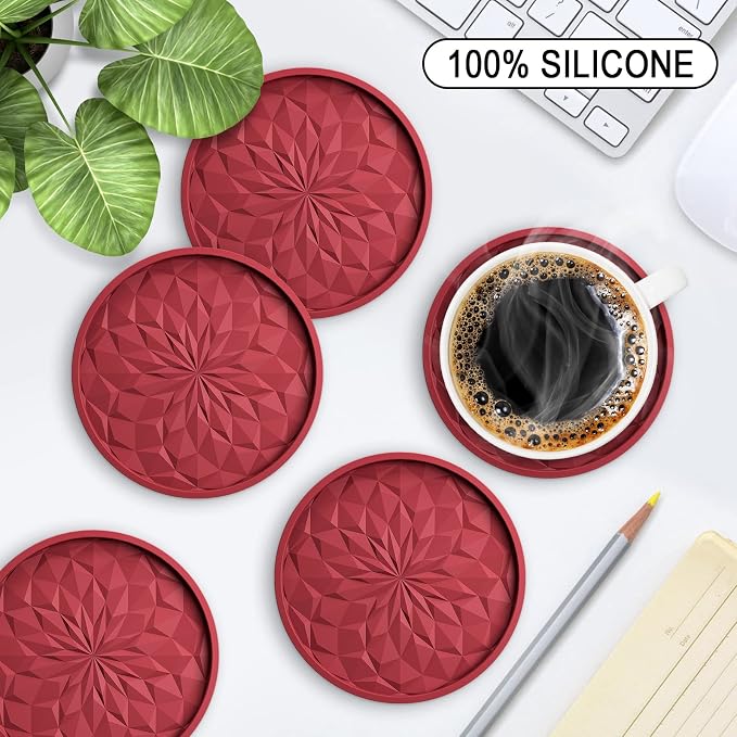 ME.FAN Silicone Coasters with Holder,[6 Pack] Drinking Coasters - Cup Mat for Hot or Cold Drinks, Thickened, Non-Slip, Non-stick,Deep Tray Wine Red - Image 2