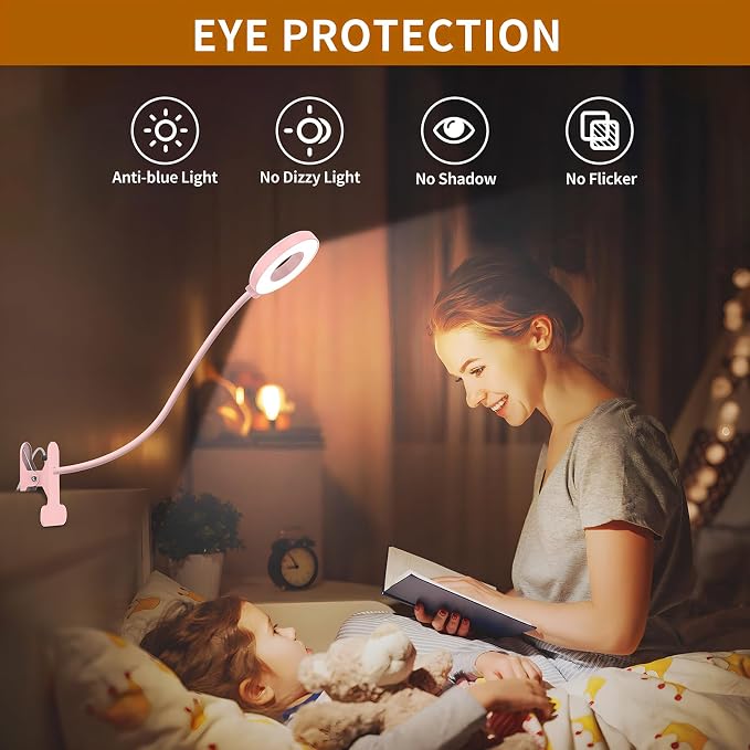 iZELL Desk Lamp, [3 Color Modes & 10 Brightness] LED Reading Light with Clamp, Silicone Flexible Arm Book Light for Kids Reading Book in Bed at Night Clip on Table, Headboard, Dorm - 15.8‘’ Pink - Image 4