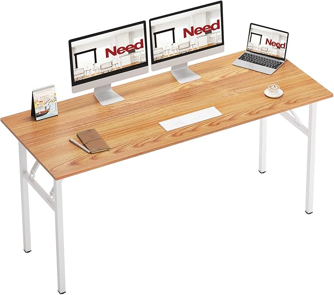 Need Home Office Desk - 62 Inches Large Computer Desk Sturdy Black Table Foldable Desk Gaming Computer Table No Assembly Required Teak&White AC5BW(157.5 * 60) | White Frame Writing Gaming Work Table/Foldable Home Office Desk/Sewing Table, No Assembly R... by Need