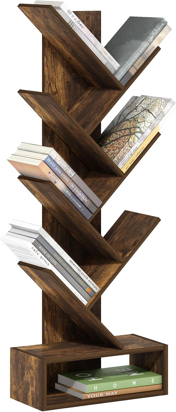 Furinno Tree Book Shelf, 7-Tier Bookshelf, Tree Bookcase with Bottom Shelf, 8.4 x 16.9 x 46.2, for Living Room, Bedroom, Home Office, Amber Pine by Furinno-FitsYourSpaceFitsYourBudget