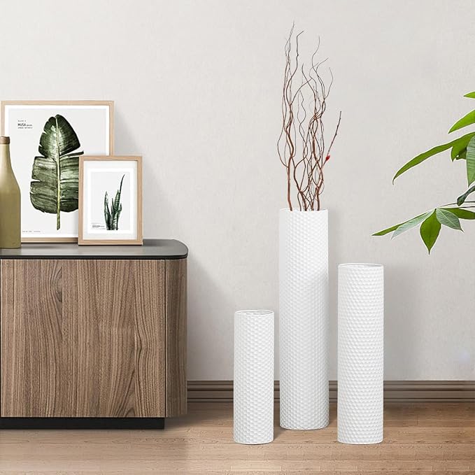 Dnnnii Tall Floor Vases Set of 3 - White Metal Cylinder Vases for Living Room Corner, Modern Honeycomb Texture, Extra Large Standing Decor (Tallest 27.6in, Home Bedroom Dining Decor) - Image 6