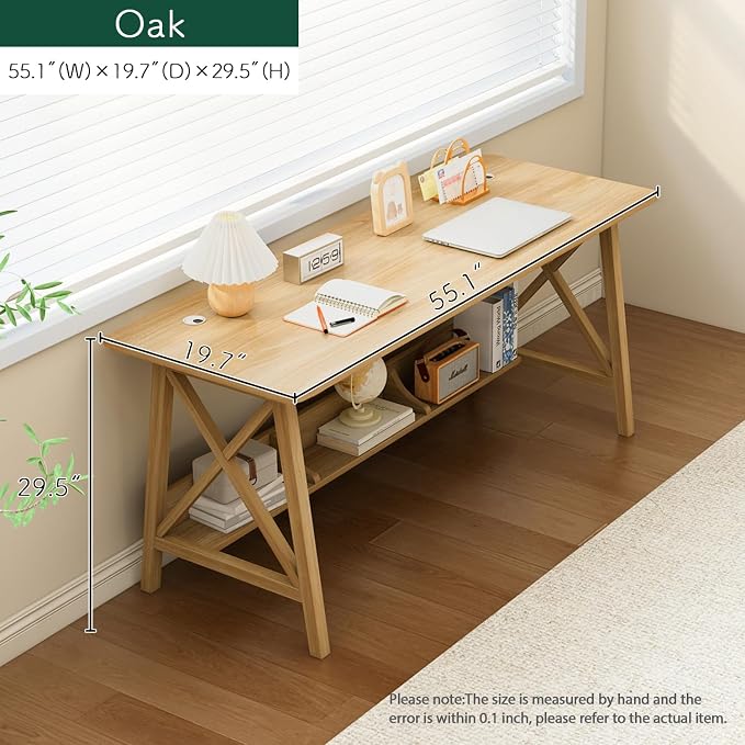 NELYE Extra Long Writing Desk with Bookshelf, 55" Wx20 Dx30 H, Oak | Wooden Home Office Work Study Table, Computer Gaming Workstation with Storage Shelf, Sturdy MDF Resists Wobble - Image 5