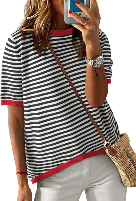 Dokotoo Womens Tops 2026 Casual Summer Crewneck Short Sleeve Striped Color Block Knit High Low Trendy Pullover Sweaters by Dokotoo