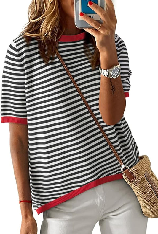 Dokotoo Womens Tops 2026 Casual Summer Crewneck Short Sleeve Striped Color Block Knit High Low Trendy Pullover Sweaters by Dokotoo