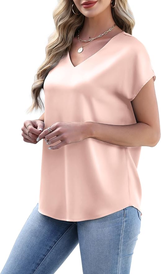 WIHOLL Womens Satin Summer Tops Cap Short Sleeve Blouses V Neck Shirts Business Casual Outfits Fashion Clothing 2026 - Image 3
