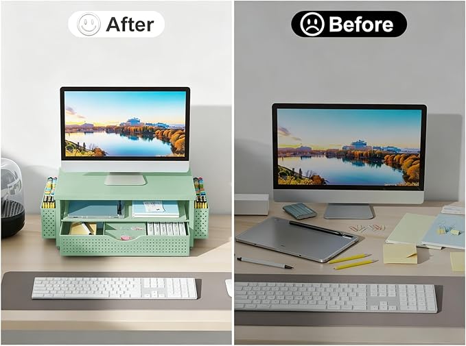 gianotter Desk Organizers and Accessories, Monitor Stand with Drawer and 2 Pen Holder, Desktop Organizer Suitable for Offices and Dormitories (Sage Green-Plain) - Image 3