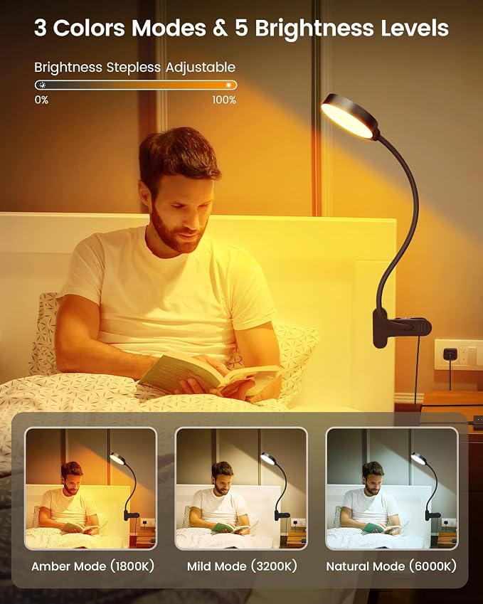 Glocusent 5W Desk Lamp with Remote, 3 Colors & 5 Brightness Reading Lights | Flexible Gooseneck Clip on Lamp, 30-Min Timer Reading Lamp, Perfect Clip on Light for Bunk,Bed,Headboard,Table,Work,Craft - Image 4