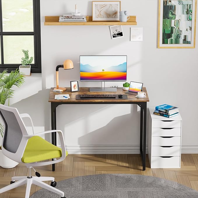 PayLessHere | 39 Inch Computer Desk | Brown | Sturdy Office Desk | Metal Frame, Adjustable Feet | Water-Resistant, Scratchproof Surface | Writing Table for Home Office or Study | Pack of 1 - Image 2