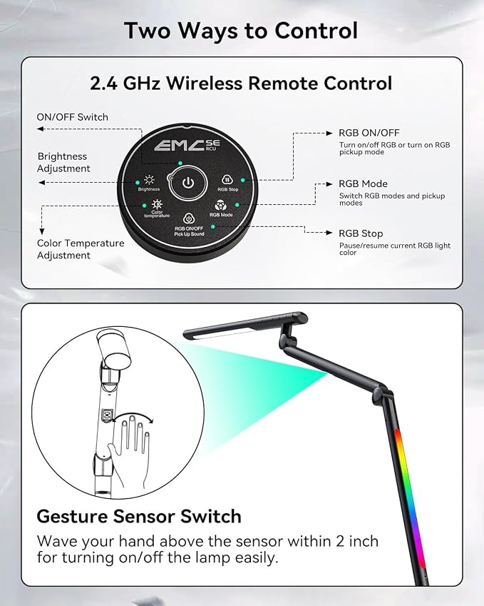 LED Desk Lamp with Clamp, 18W Architect Desk Lamp with Dual Light, Flexible 3 Sections Swing Arm, with RGB Light, with Remote, with Sensor Switch, Stepless Dimming, 4 Color Mode & 5 Brightness - Image 5