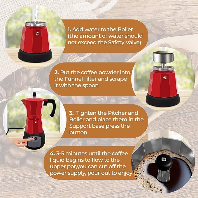 Electric Aluminum Moka Pot 3-6 Cup 150-270ml Espresso Maker | with Detachable Base Ideal Coffee Makers for Home MochaPot Italian and Cuban Café Coffeemaker Espressomaker CoffeePot Red - Image 4