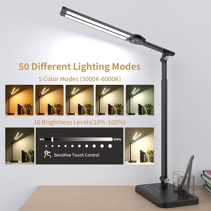 Woputne LED Desk Lamp Dual Heads, Dual USB Port, Height Adjustable, 15W | 5 Light Modes & Dimmable Brightness,Desk Lamps for Home Office Bedside Lamp for Reading, Craft, Work, Study (Black) - Image 2